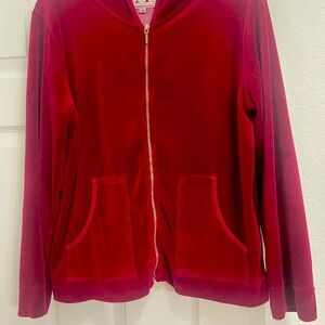 Velvet ruby red jacket with hood 23.5" long, not a cheap velvet.